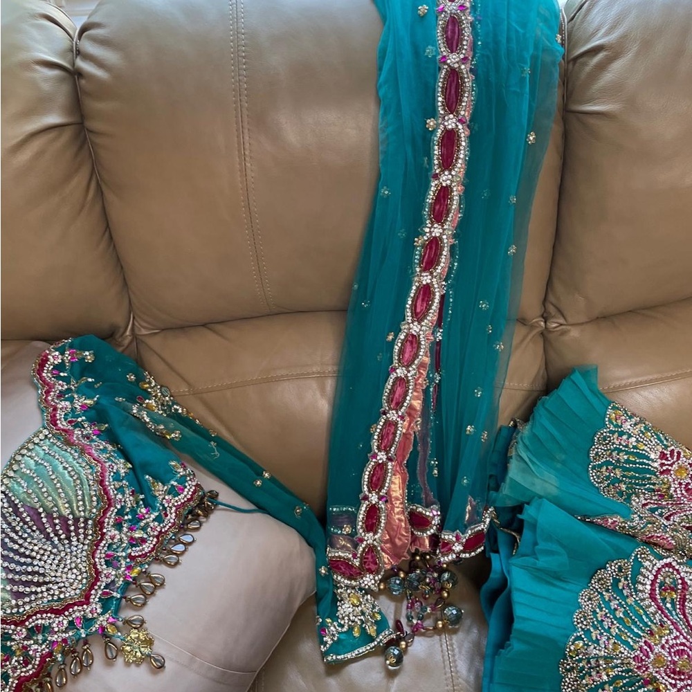 Embellished Teal and Pink Top Lengha - Picture 8 of 13